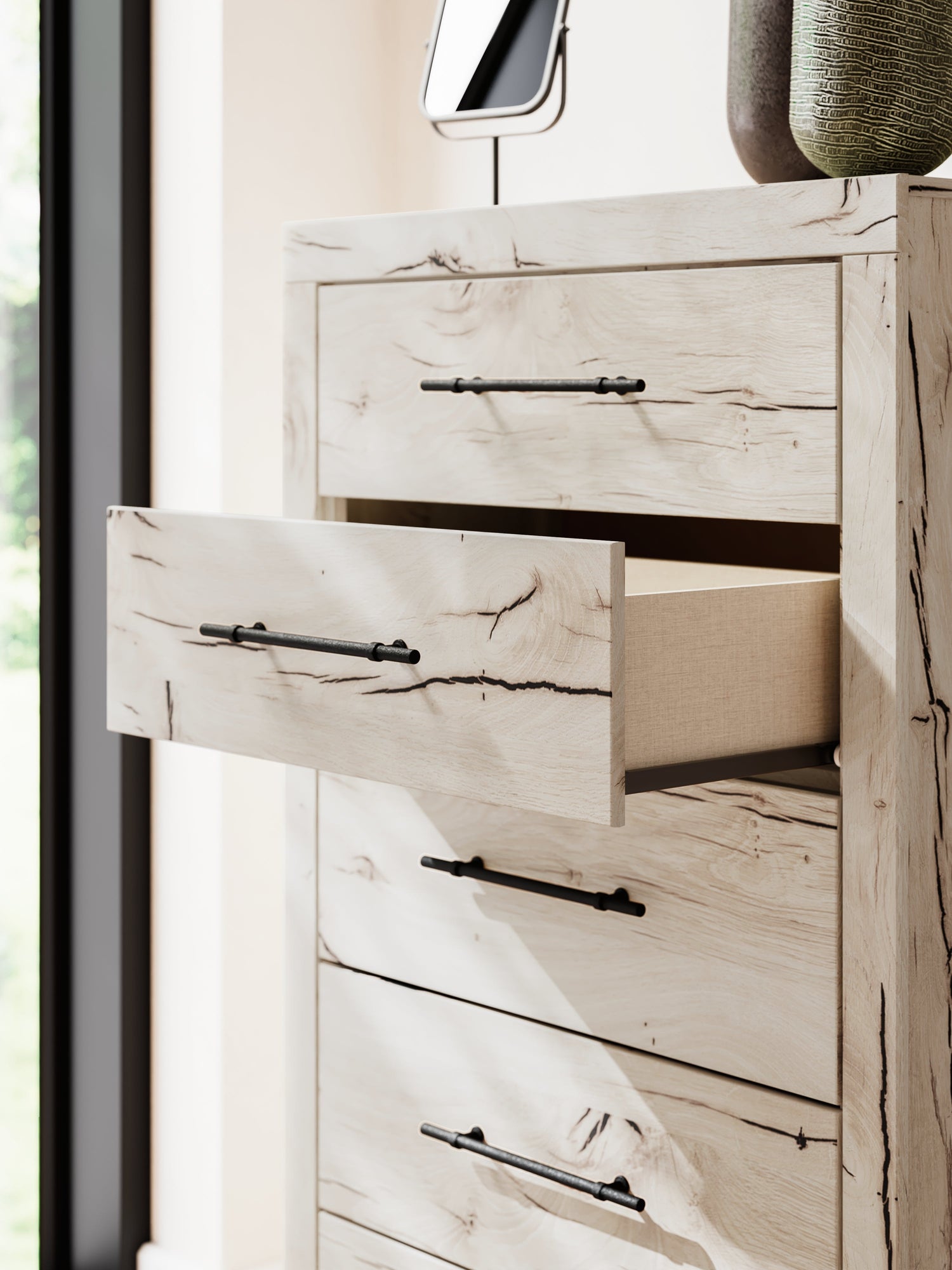 Lawroy Queen Panel Bed with Mirrored Dresser, Chest and 2 Nightstands in Light Natural from Ashley - Luna Furniture