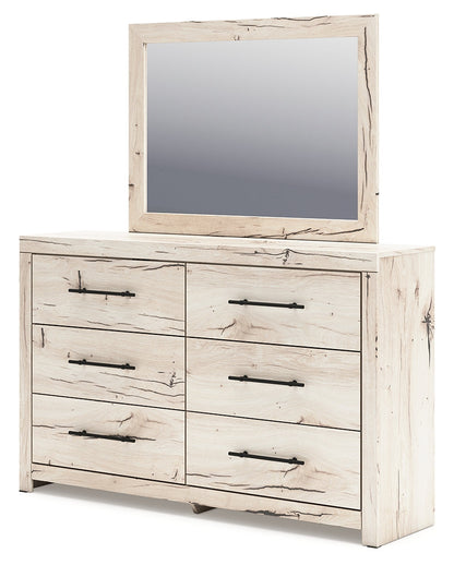 Lawroy Queen Panel Bed with Mirrored Dresser, Chest and Nightstand in Light Natural from Ashley - Luna Furniture
