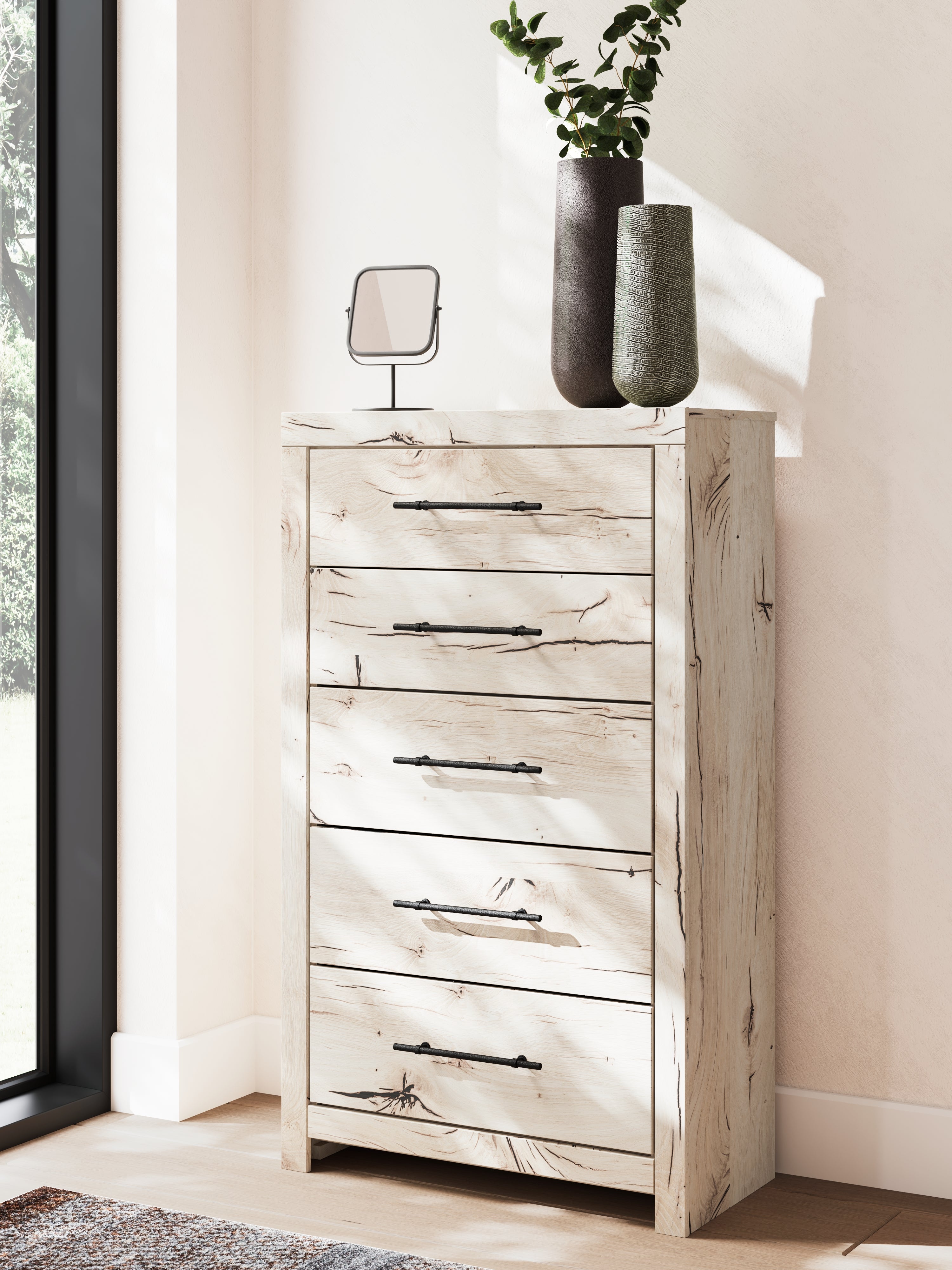 Lawroy Queen Panel Bed with Mirrored Dresser, Chest and Nightstand in Light Natural from Ashley - Luna Furniture