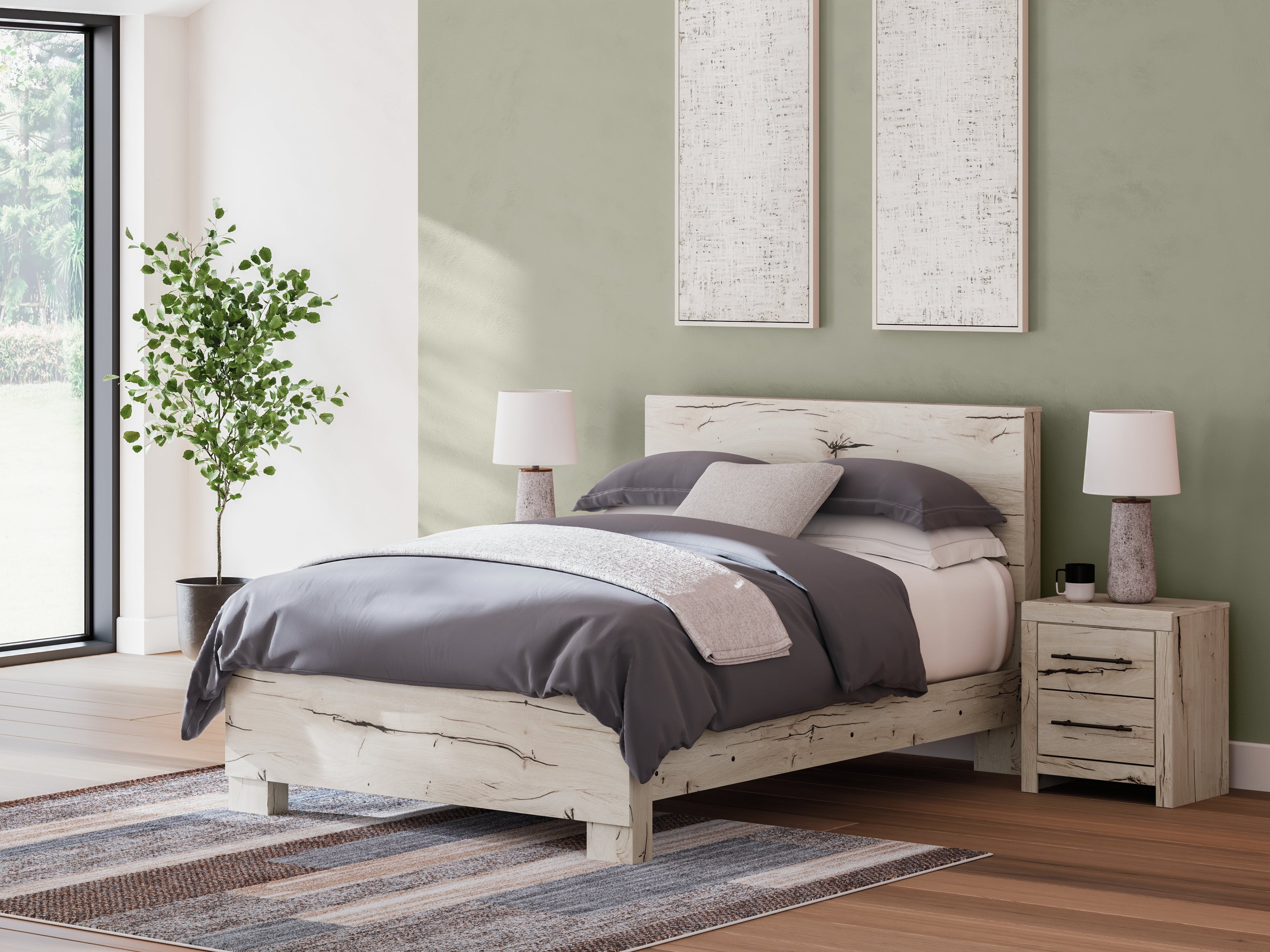 Lawroy Queen Panel Bed with Mirrored Dresser, Chest and Nightstand in Light Natural from Ashley - Luna Furniture