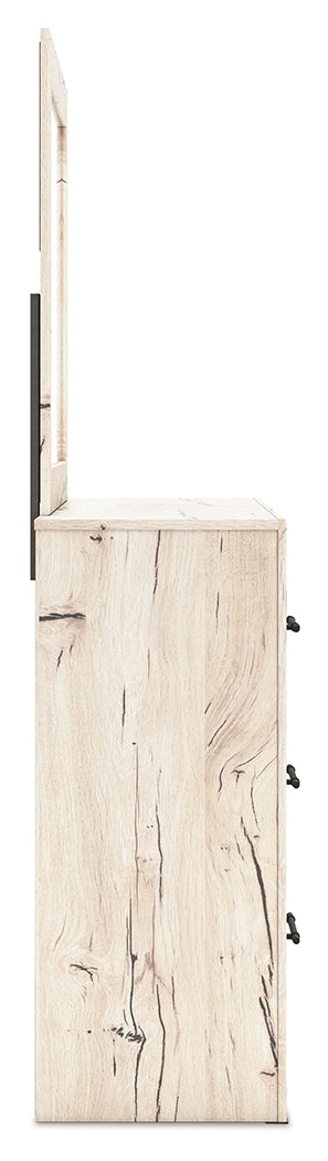 Lawroy Queen Panel Bed with Mirrored Dresser, Chest and Nightstand in Light Natural from Ashley - Luna Furniture