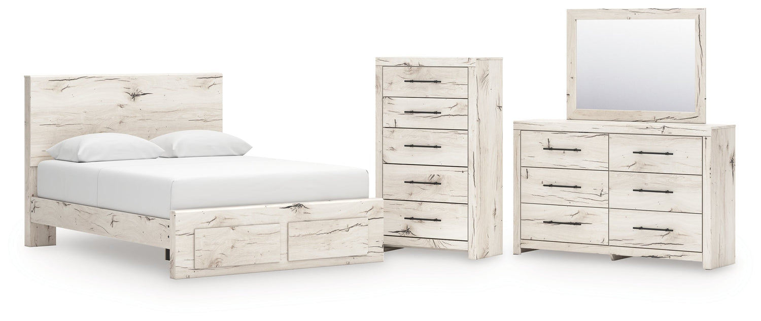 Lawroy Queen Panel Storage Bed with Mirrored Dresser and Chest in Light Natural from Ashley - Luna Furniture