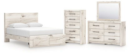 Lawroy Queen Panel Storage Bed with Mirrored Dresser and Chest in Light Natural from Ashley - Luna Furniture