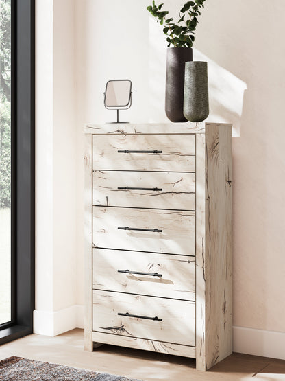 Lawroy Queen Panel Storage Bed with Mirrored Dresser and Chest in Light Natural from Ashley - Luna Furniture