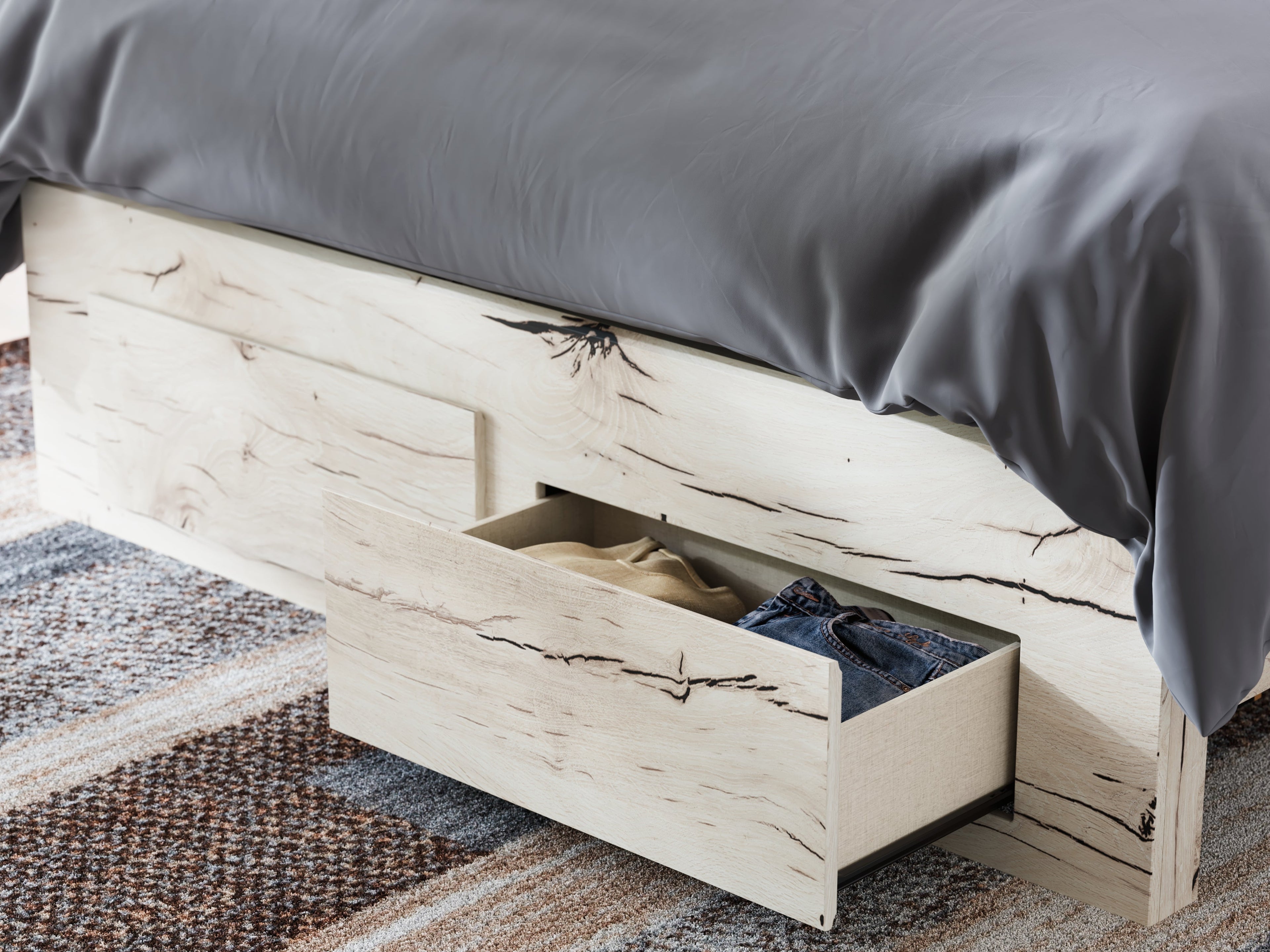 Lawroy Queen Panel Storage Bed with Mirrored Dresser, Chest and 2 Nightstands in Light Natural from Ashley - Luna Furniture