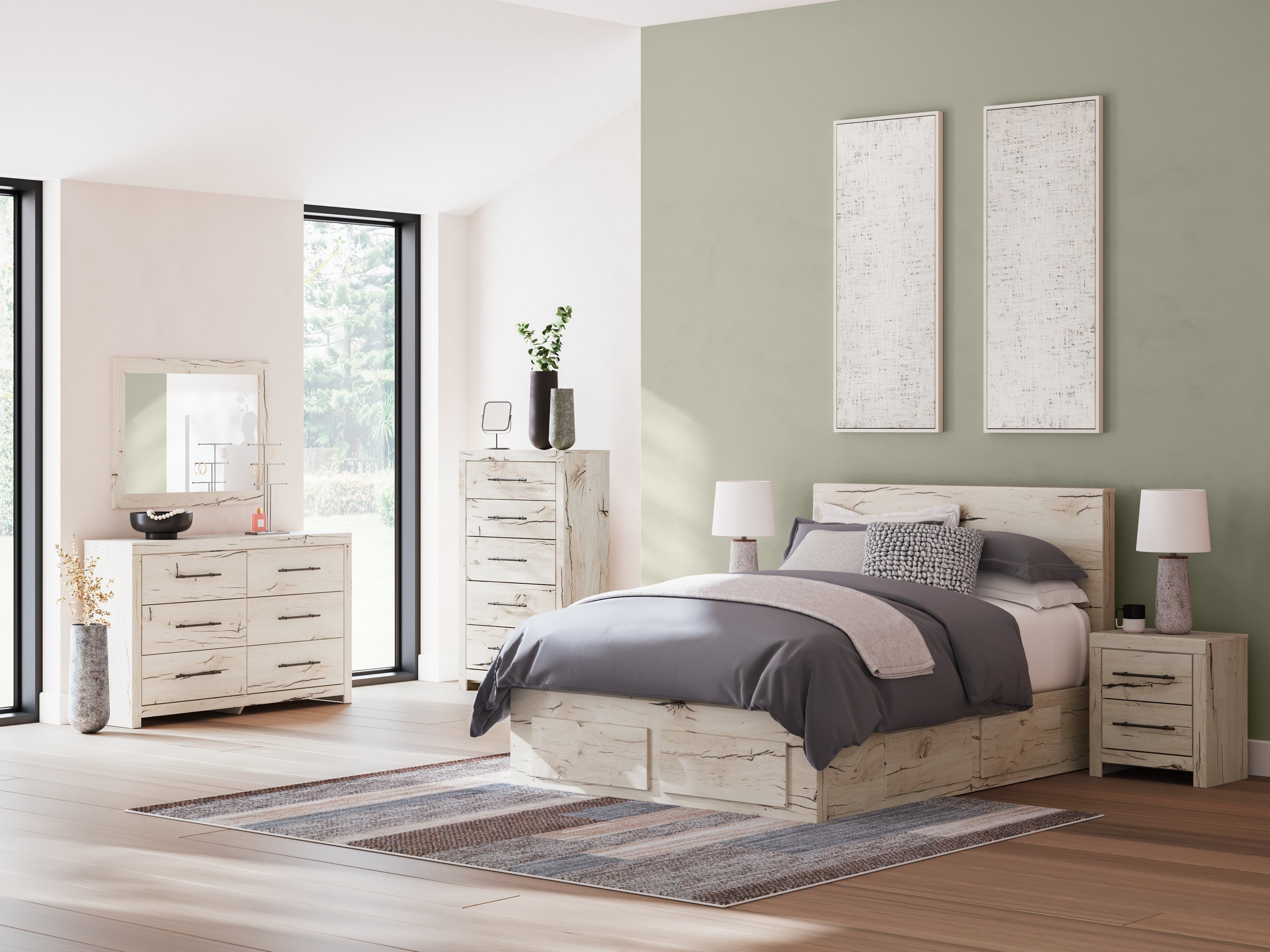 Lawroy Queen Panel Storage Bed with Mirrored Dresser in Light Natural from Ashley - Luna Furniture