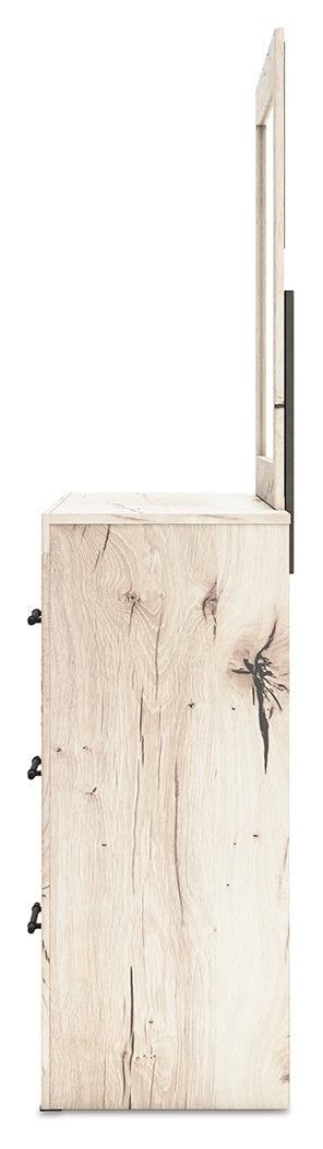 Lawroy Twin Panel Bed with Mirrored Dresser and 2 Nightstands in Light Natural from Ashley - Luna Furniture