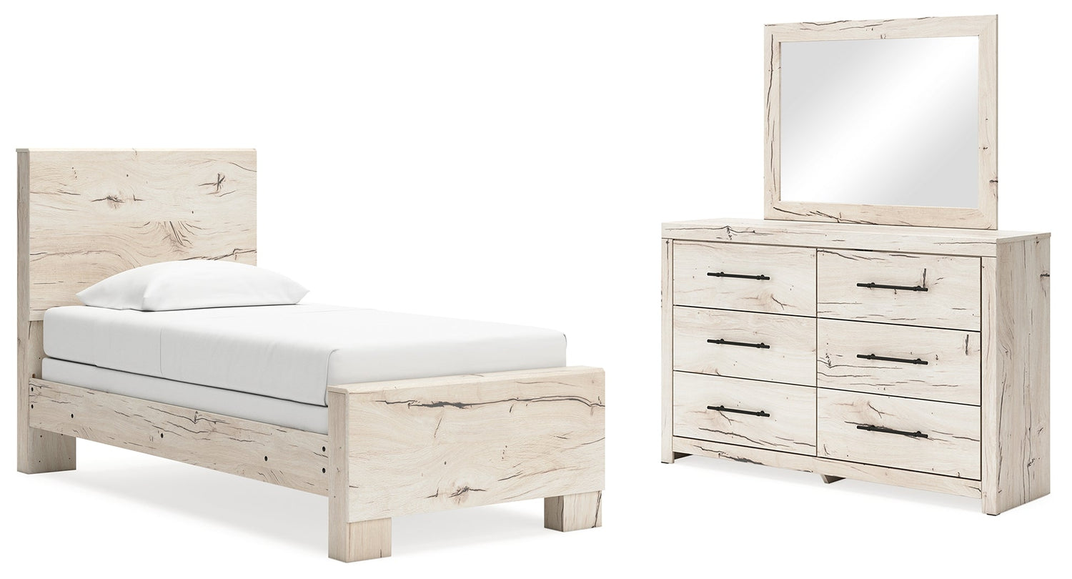 Lawroy Twin Panel Bed with Mirrored Dresser in Light Natural - PKG020212