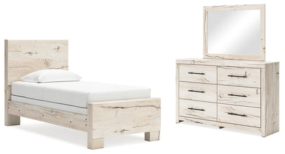 Lawroy Twin Panel Bed with Mirrored Dresser in Light Natural - PKG020212