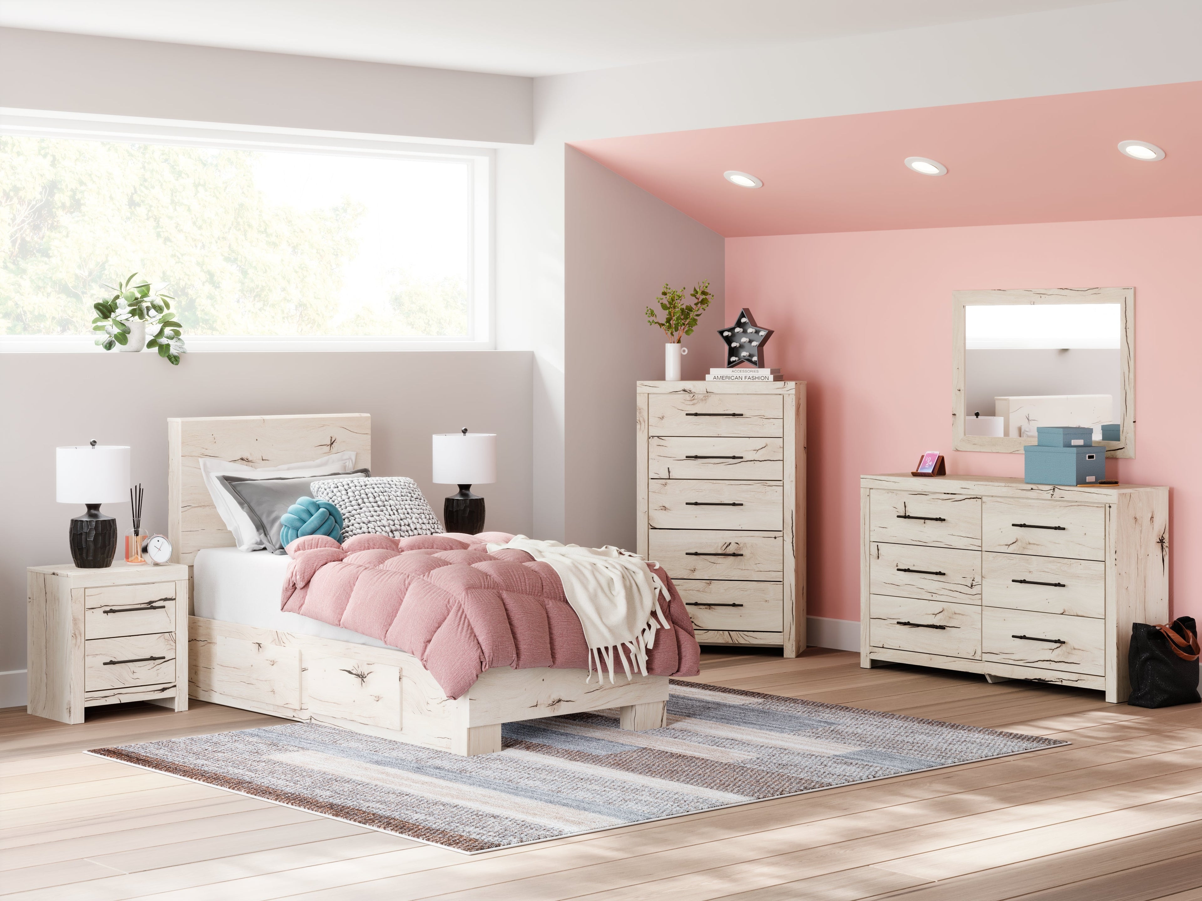 Lawroy Twin Panel Bed with Mirrored Dresser in Light Natural from Ashley - Luna Furniture