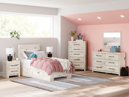 Lawroy Twin Panel Bed with Mirrored Dresser in Light Natural from Ashley - Luna Furniture