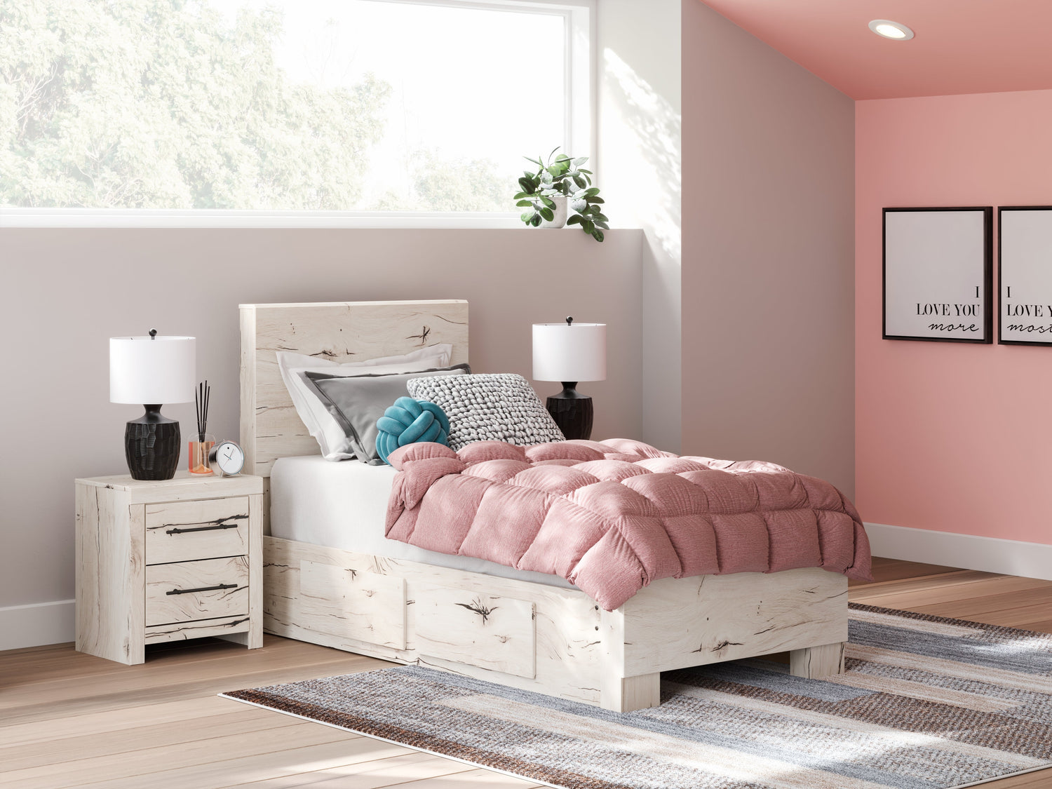Lawroy Twin Panel Bed with Mirrored Dresser in Light Natural from Ashley - Luna Furniture