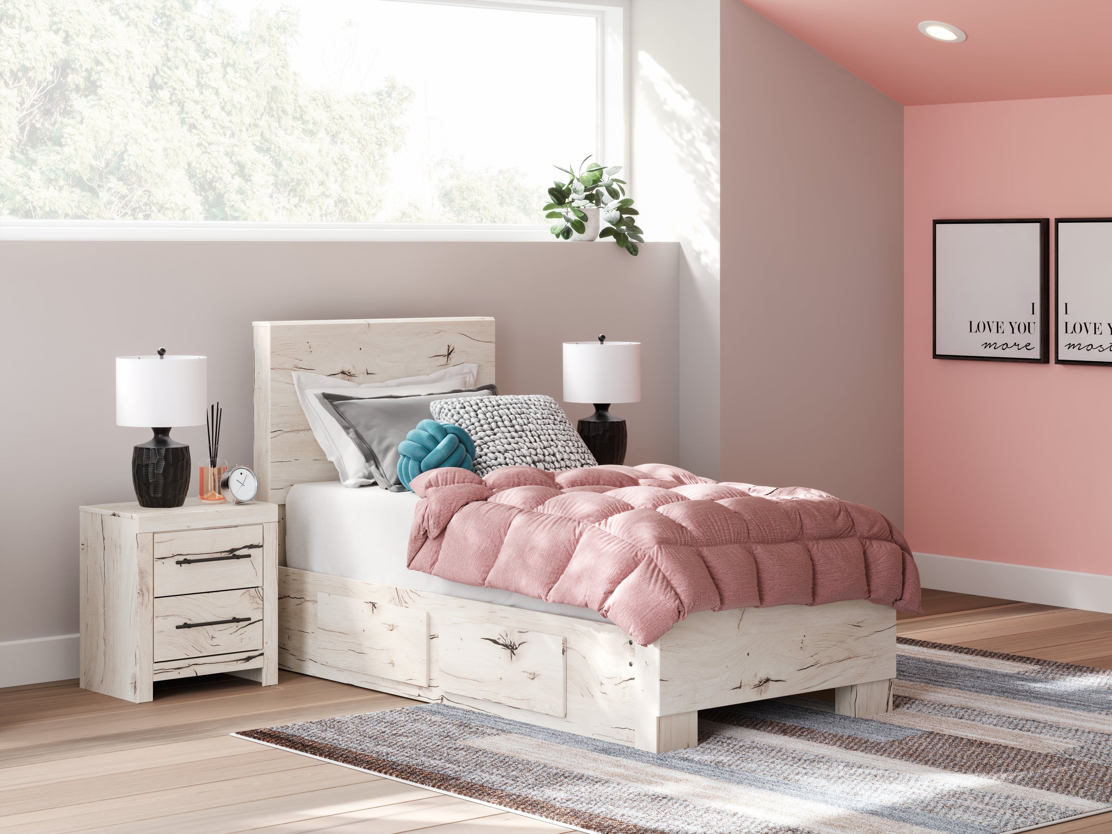 Lawroy Twin Panel Bed with Mirrored Dresser in Light Natural from Ashley - Luna Furniture
