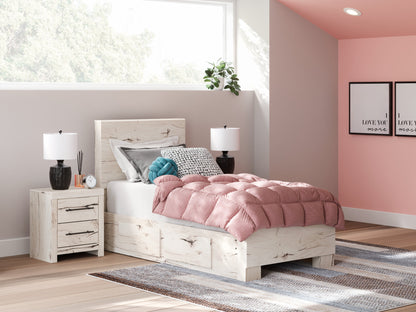 Lawroy Twin Panel Bed with Mirrored Dresser in Light Natural from Ashley - Luna Furniture