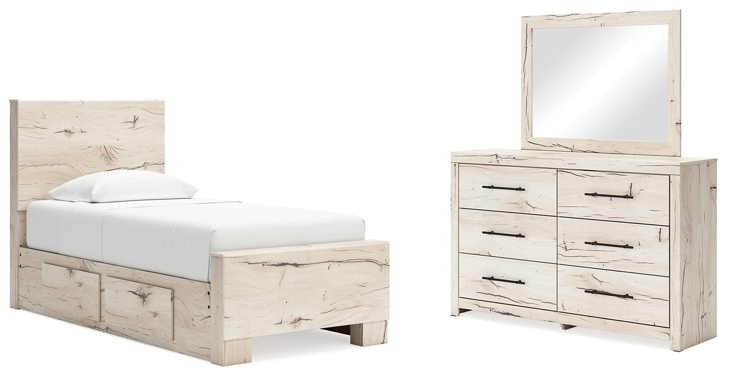Lawroy Twin Panel Bed with Mirrored Dresser in Light Natural from Ashley - Luna Furniture