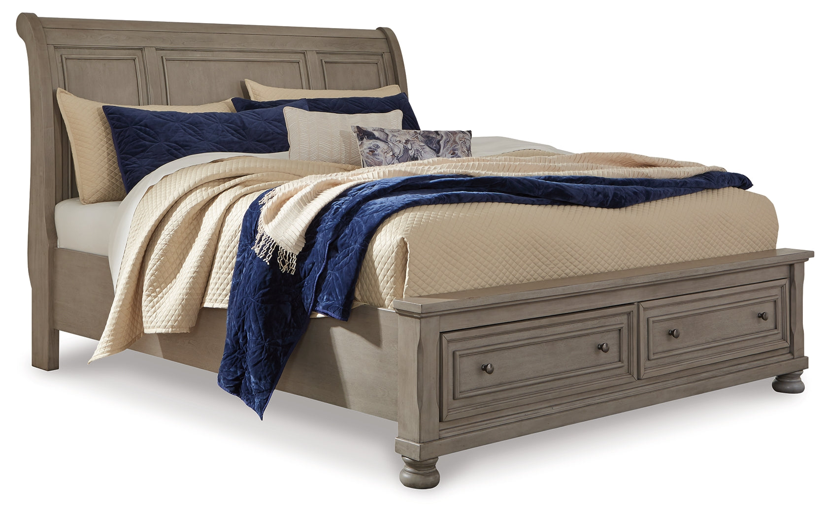 Lettner California King Sleigh Bed with Mirrored Dresser, Chest and Nightstand in Light Gray from Ashley - Luna Furniture