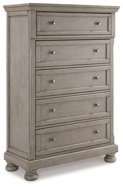 Lettner King Sleigh Bed with 2 Storage Drawers with Mirrored Dresser, Chest and Nightstand in Light Gray from Ashley - Luna Furniture