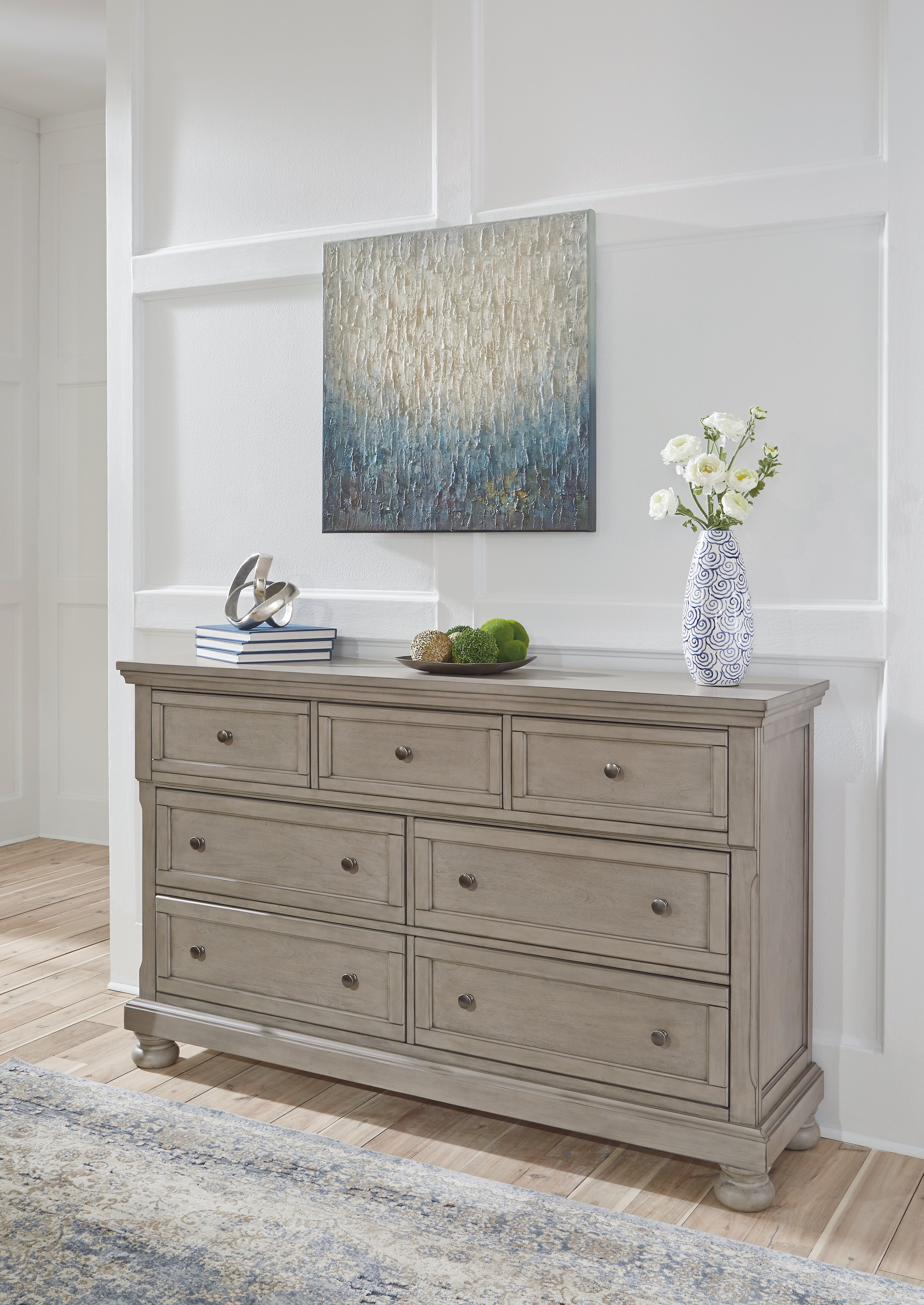 Lettner Light Gray California King Panel Bed, Dresser, Chest and 2 Nightstands - B733B47