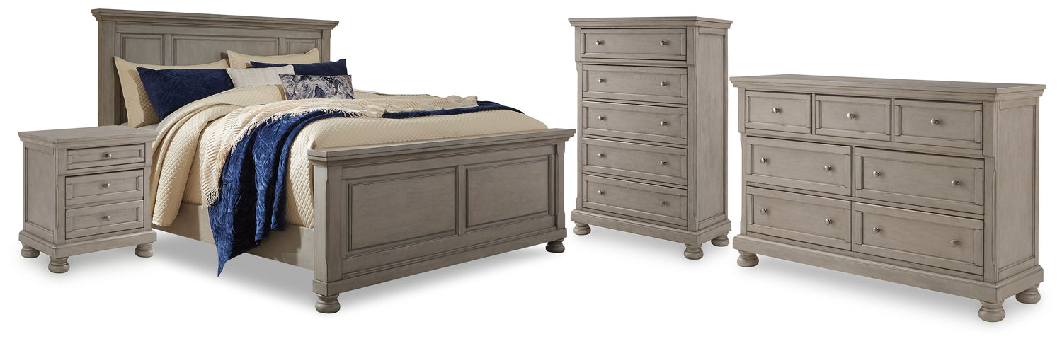 Lettner Light Gray California King Panel Bed, Dresser, Chest and 2 Nightstands - B733B47