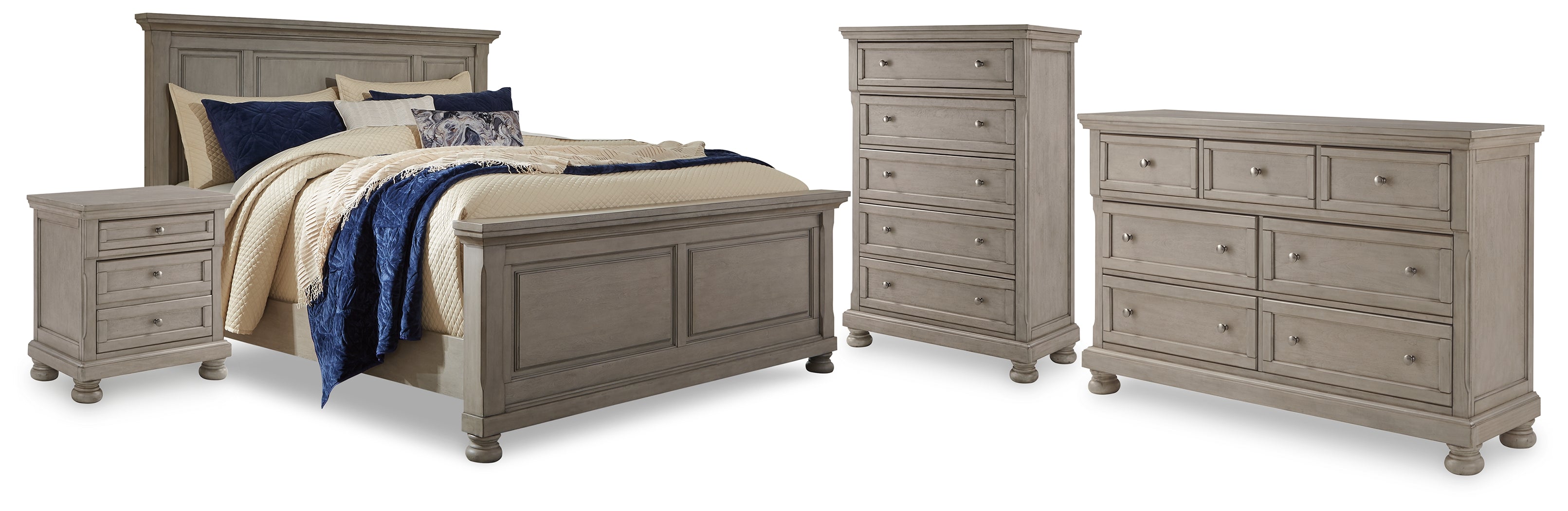 Lettner Light Gray California King Panel Bed, Dresser, Chest and 2 Nightstands - B733B47