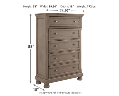 Lettner Light Gray California King Panel Bed, Dresser, Chest and 2 Nightstands - B733B47