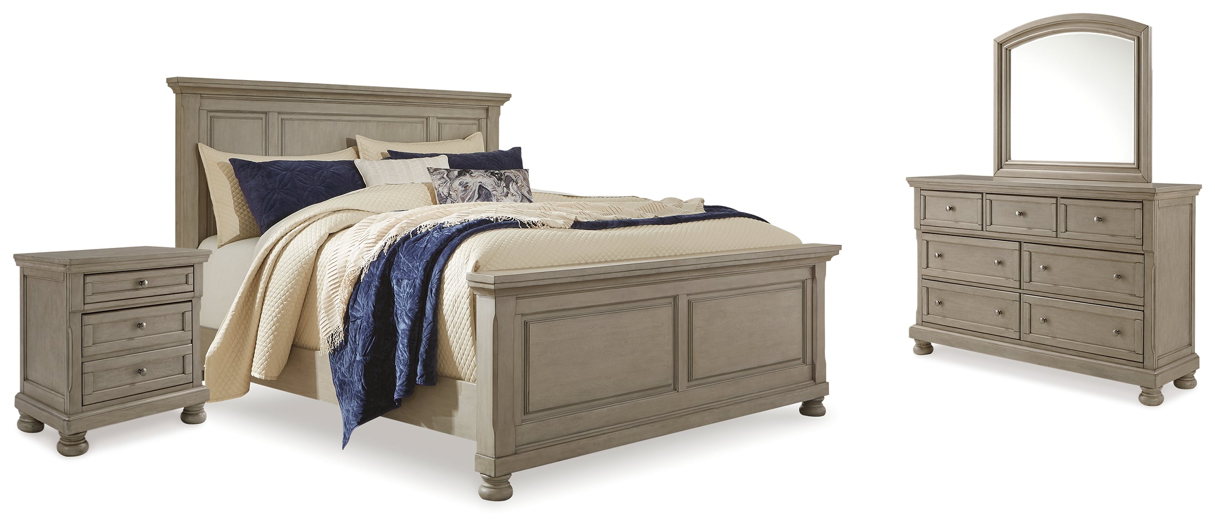 Lettner Light Gray King Panel Bed, Dresser, Mirror and 2 Nightstands - B733B48
