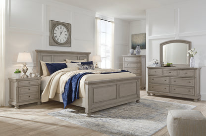 Lettner Light Gray King Panel Bed, Dresser, Mirror and 2 Nightstands - B733B48