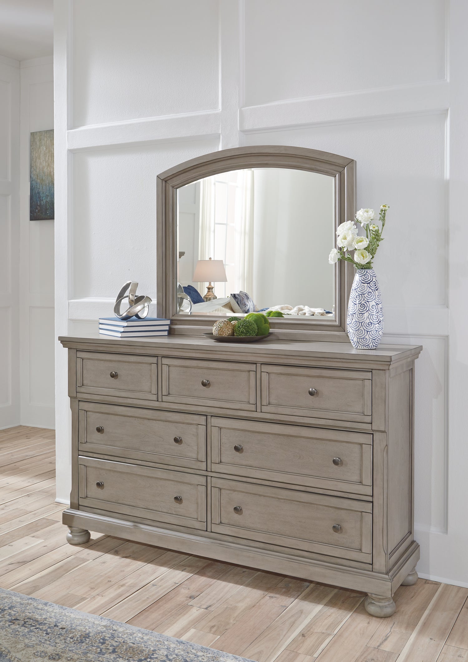 Lettner Light Gray King Panel Bed, Dresser, Mirror and 2 Nightstands - B733B48