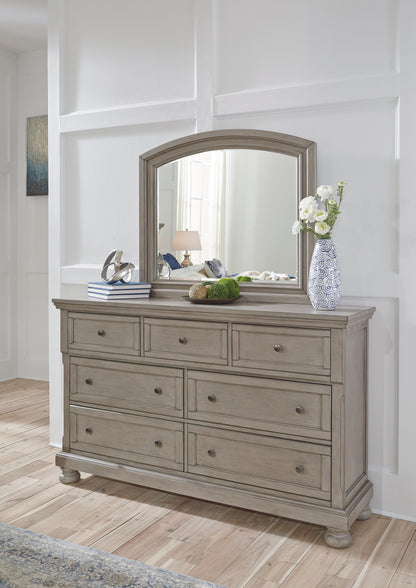 Lettner Light Gray King Panel Bed, Dresser, Mirror and 2 Nightstands - B733B48