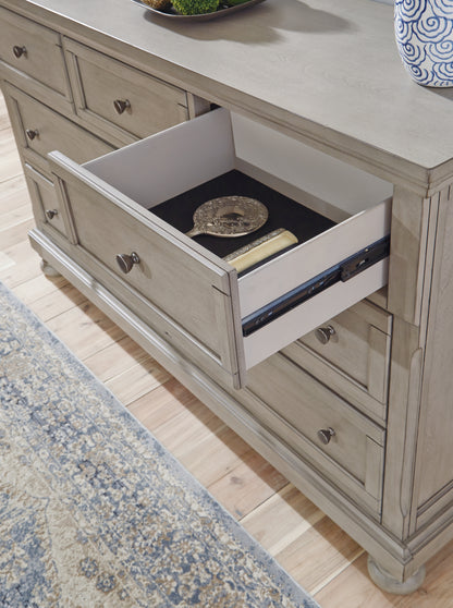 Lettner Light Gray King Panel Bed, Dresser, Mirror and 2 Nightstands - B733B48