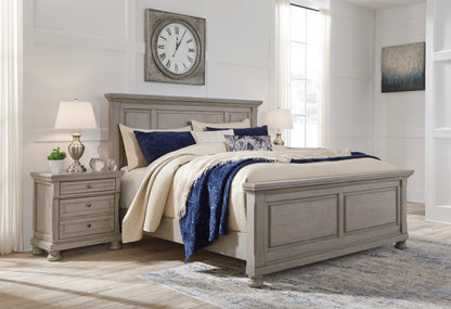 Lettner Light Gray King Panel Bed, Dresser, Mirror and 2 Nightstands - B733B48