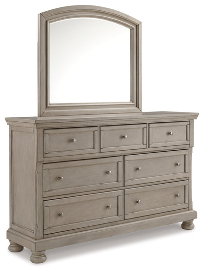 Lettner Queen Sleigh Bed with 2 Storage Drawers with Mirrored Dresser, Chest and 2 Nightstands in Light Gray from Ashley - Luna Furniture