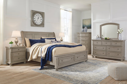 Lettner Queen Sleigh Bed with 2 Storage Drawers with Mirrored Dresser, Chest and 2 Nightstands in Light Gray from Ashley - Luna Furniture