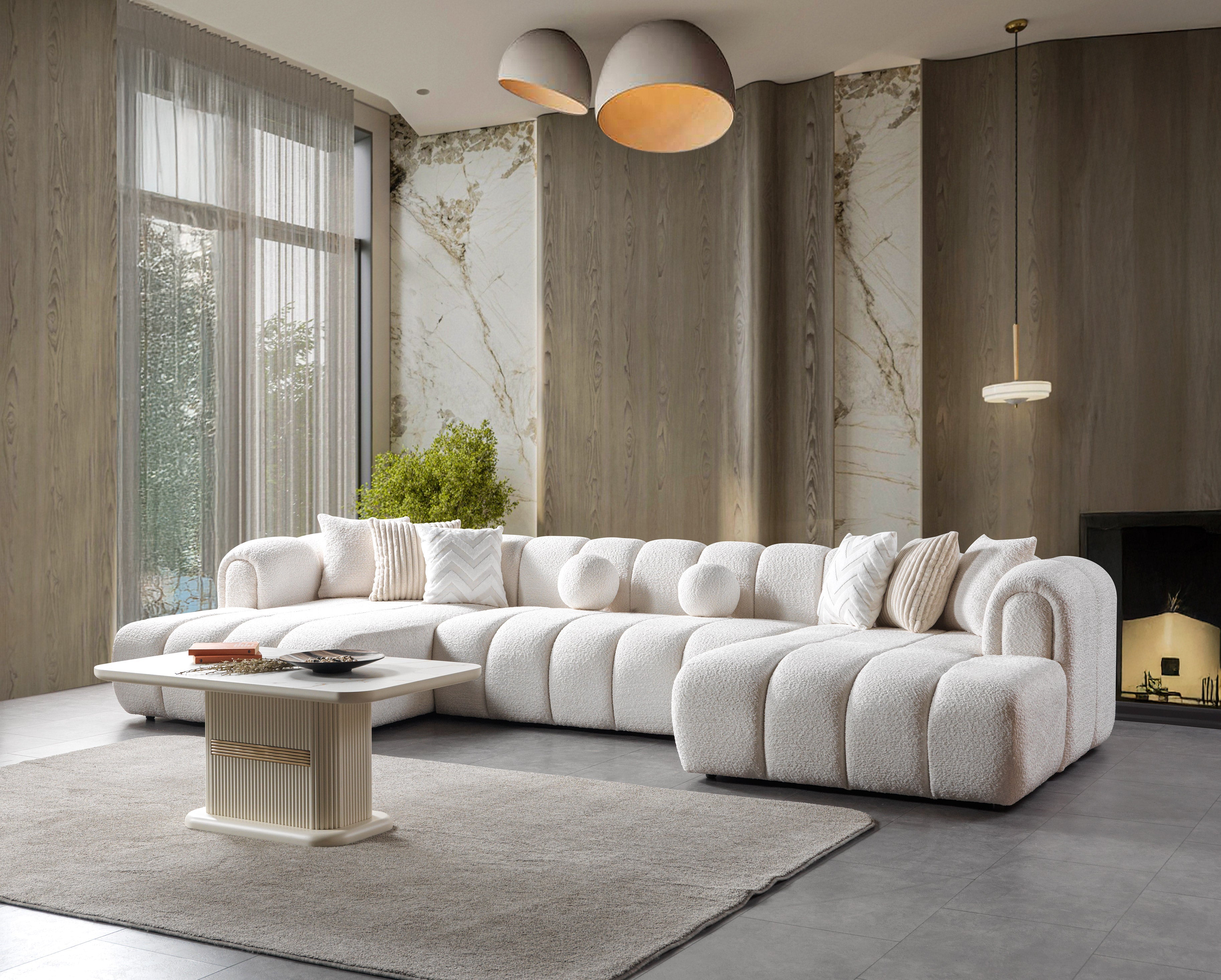 Lis Ivory Boucle Double Chaise 147" Sectional - LISIV-USEC