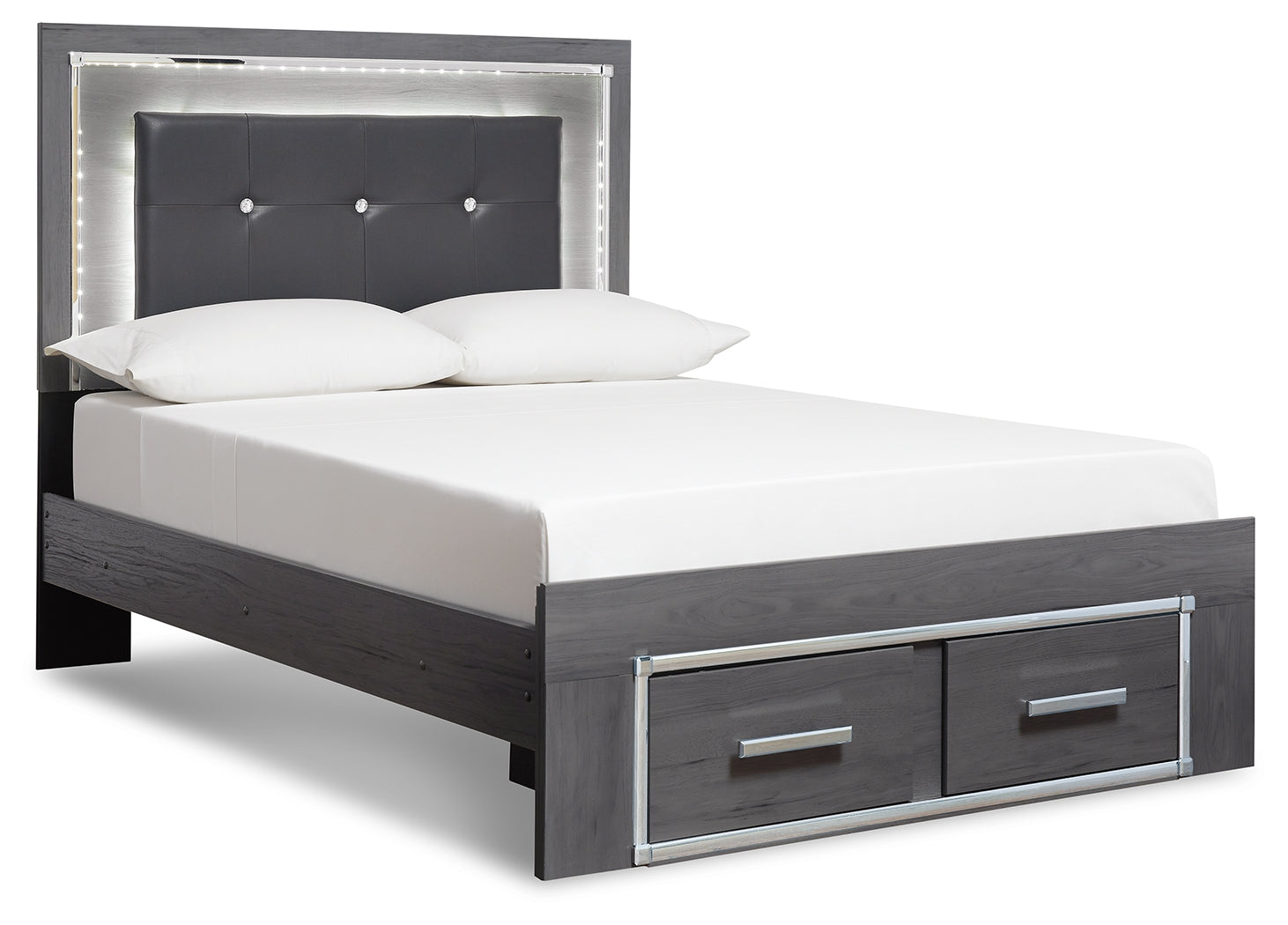 Lodanna Full Panel Bed with 2 Storage Drawers with Mirrored Dresser and 2 Nightstands in Gray - PKG003614