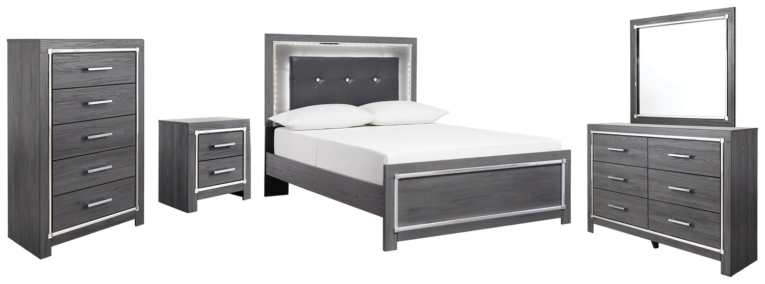 Lodanna Full Panel Bed with Mirrored Dresser, Chest and Nightstand in Gray - PKG003610