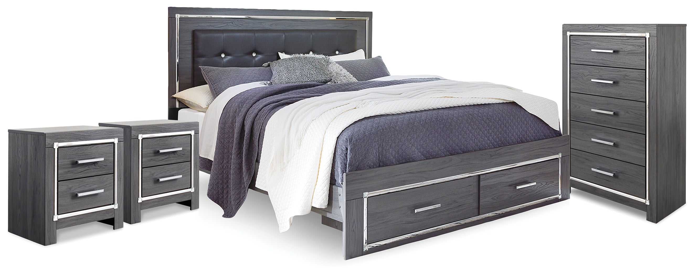 Lodanna Gray King Storage Bed, Chest and 2 Nightstands - B214B47