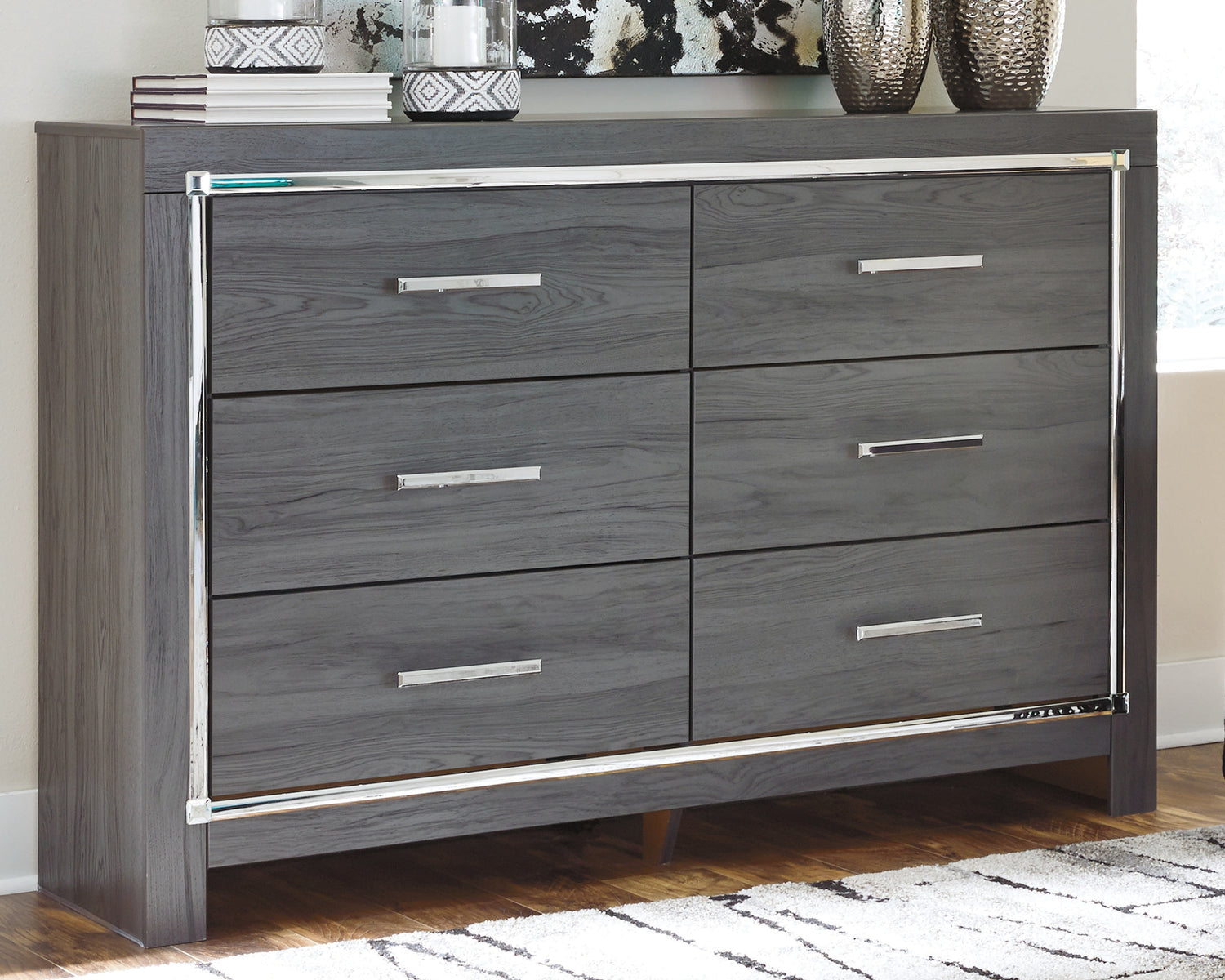 Lodanna Gray King Upholstered Panel Bed, Dresser, Chest and 2 Nightstands - B214B43
