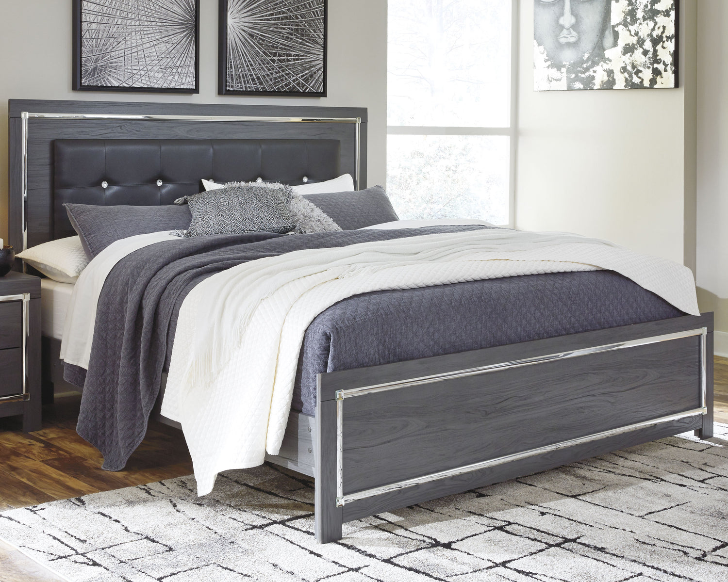 Lodanna Gray King Upholstered Panel Bed, Dresser, Chest and 2 Nightstands - B214B43
