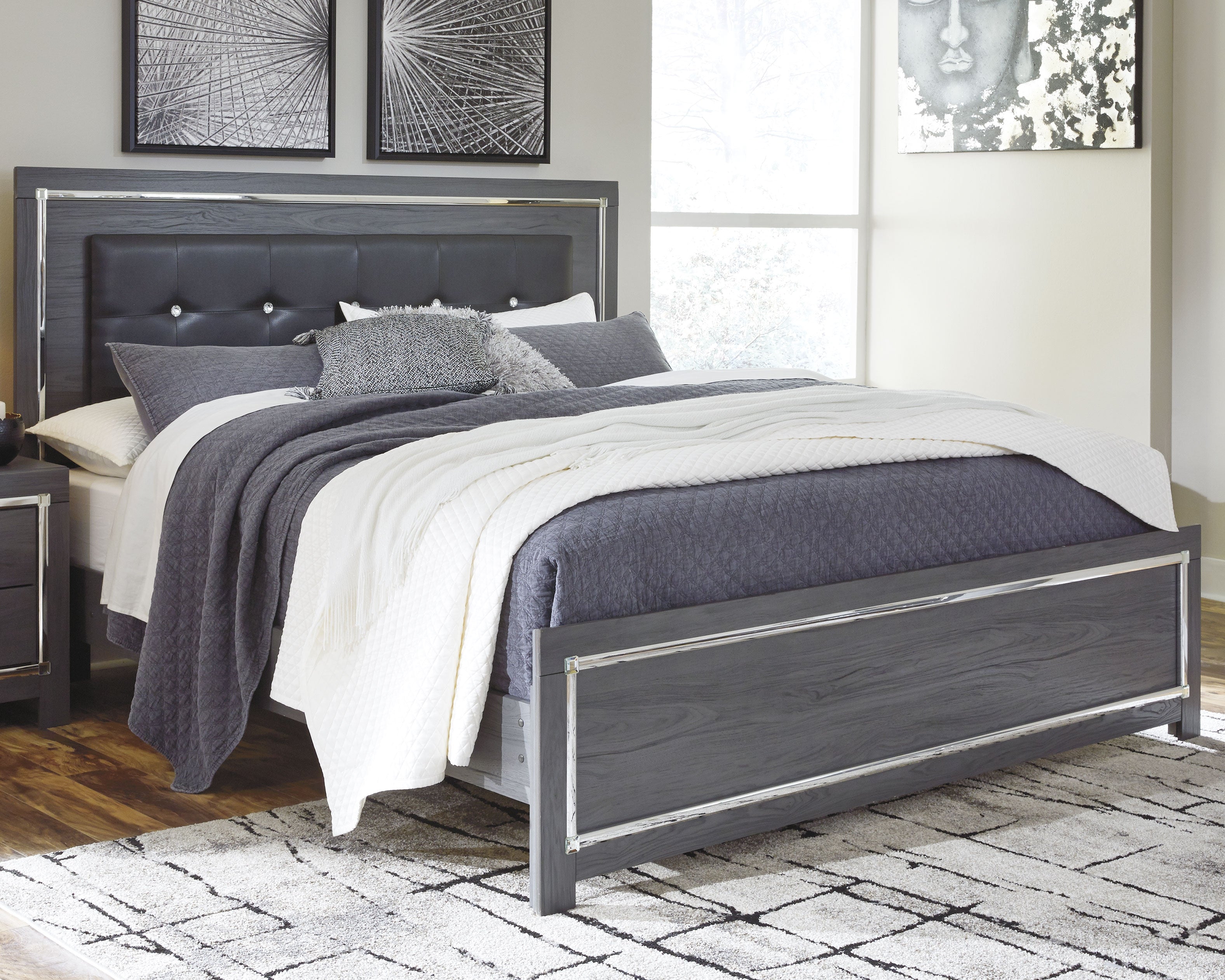 Lodanna Gray King Upholstered Panel Bed, Dresser, Chest and 2 Nightstands - B214B43