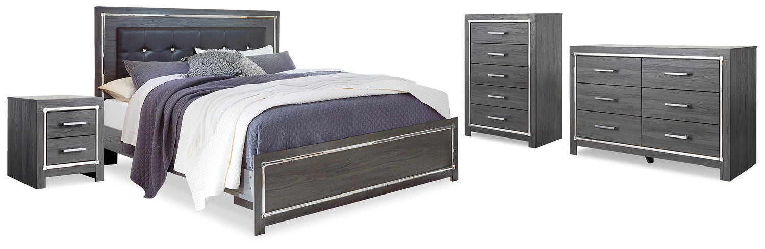 Lodanna Gray King Upholstered Panel Bed, Dresser, Chest and 2 Nightstands - B214B43