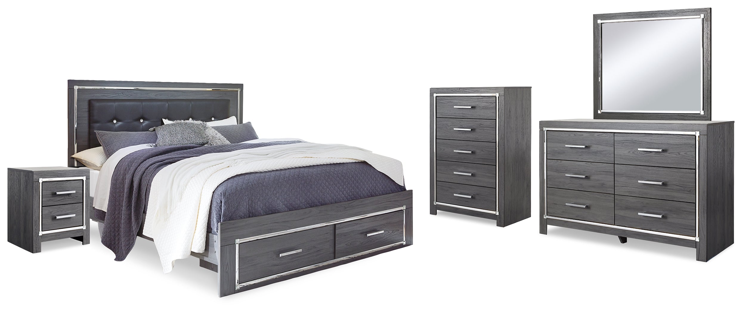 Lodanna Gray King Upholstered Storage Bed, Dresser, Mirror, Chest and 2 Nightstands - B214B29