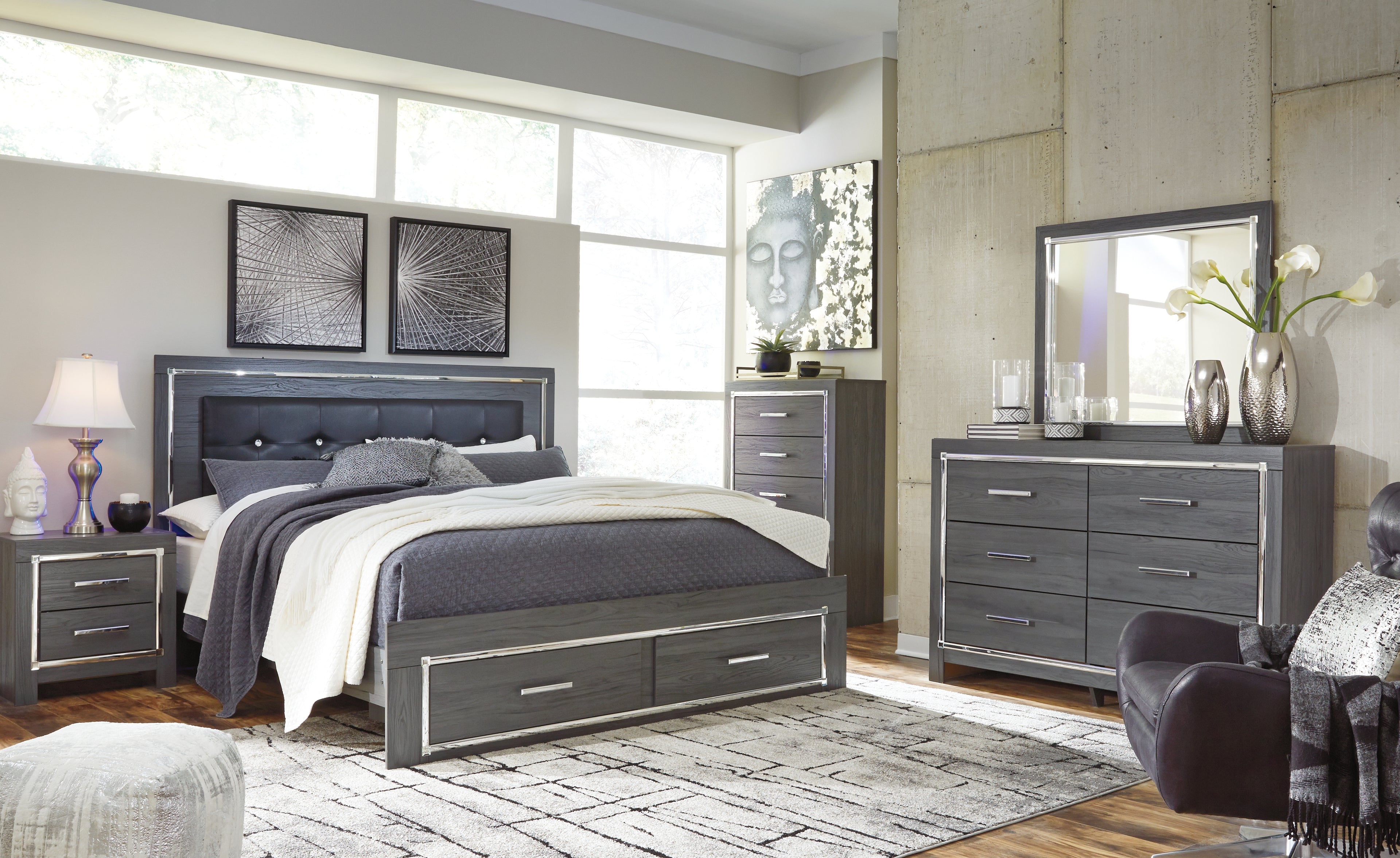 Lodanna Gray King Upholstered Storage Bed, Dresser, Mirror, Chest and 2 Nightstands - B214B29