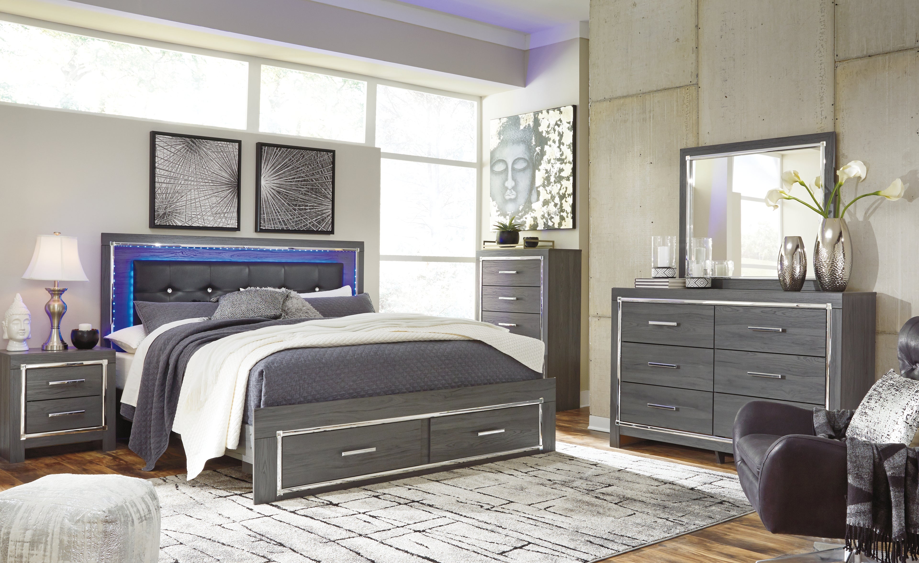 Lodanna Gray King Upholstered Storage Bed, Dresser, Mirror, Chest and 2 Nightstands - B214B29