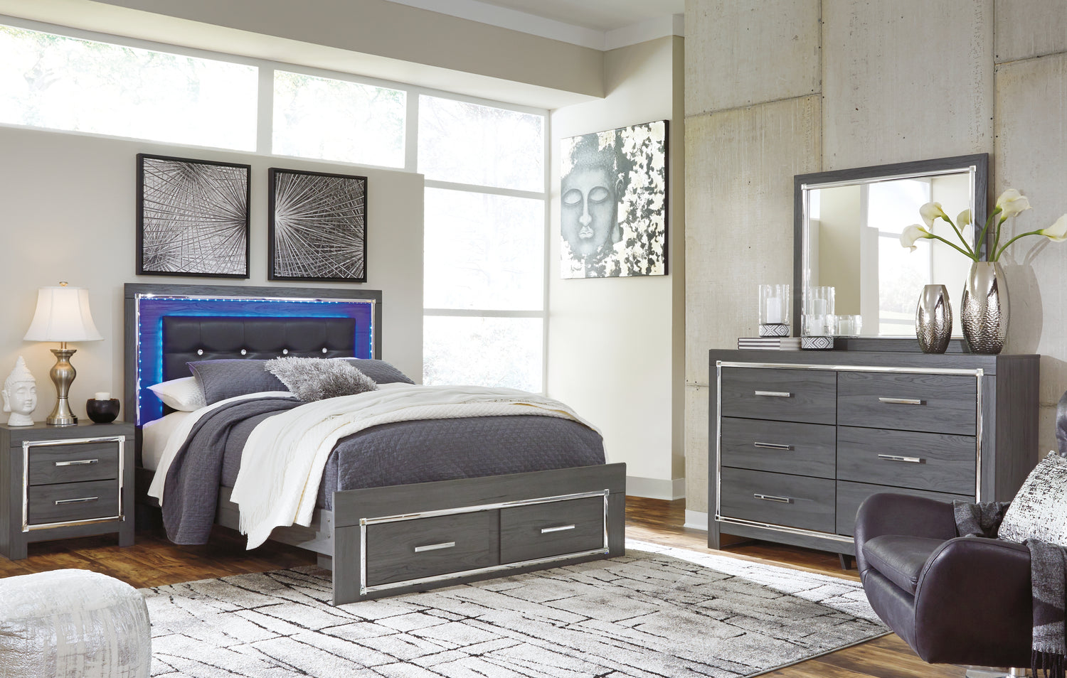 Lodanna Gray Queen Storage Bed, Dresser, Mirror and 2 Nightstands - B214B40