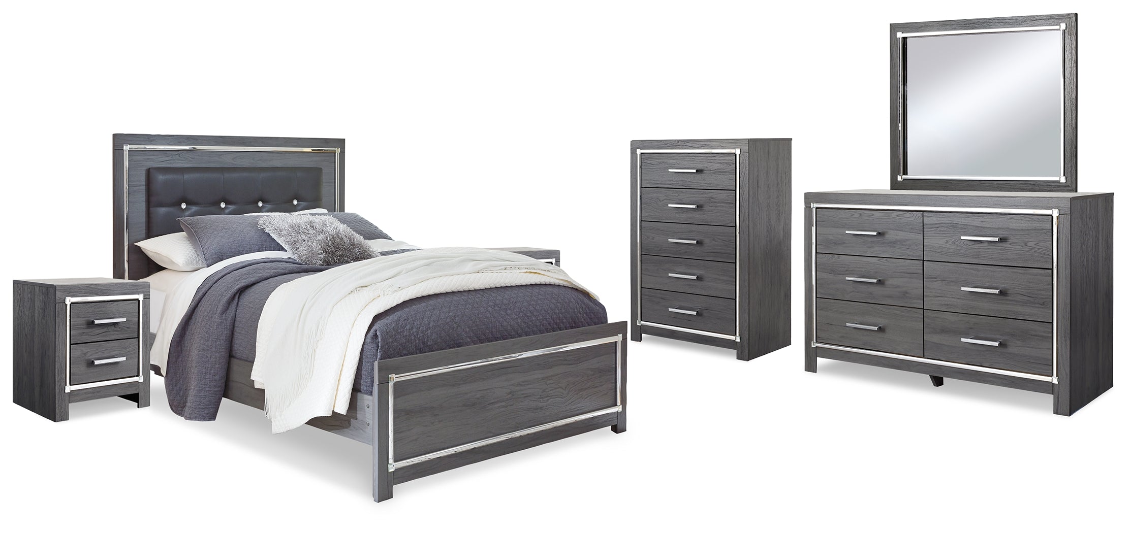 Lodanna Gray Queen Upholstered Panel Bed, Dresser, Mirror and 2 Nightstands - B214B36