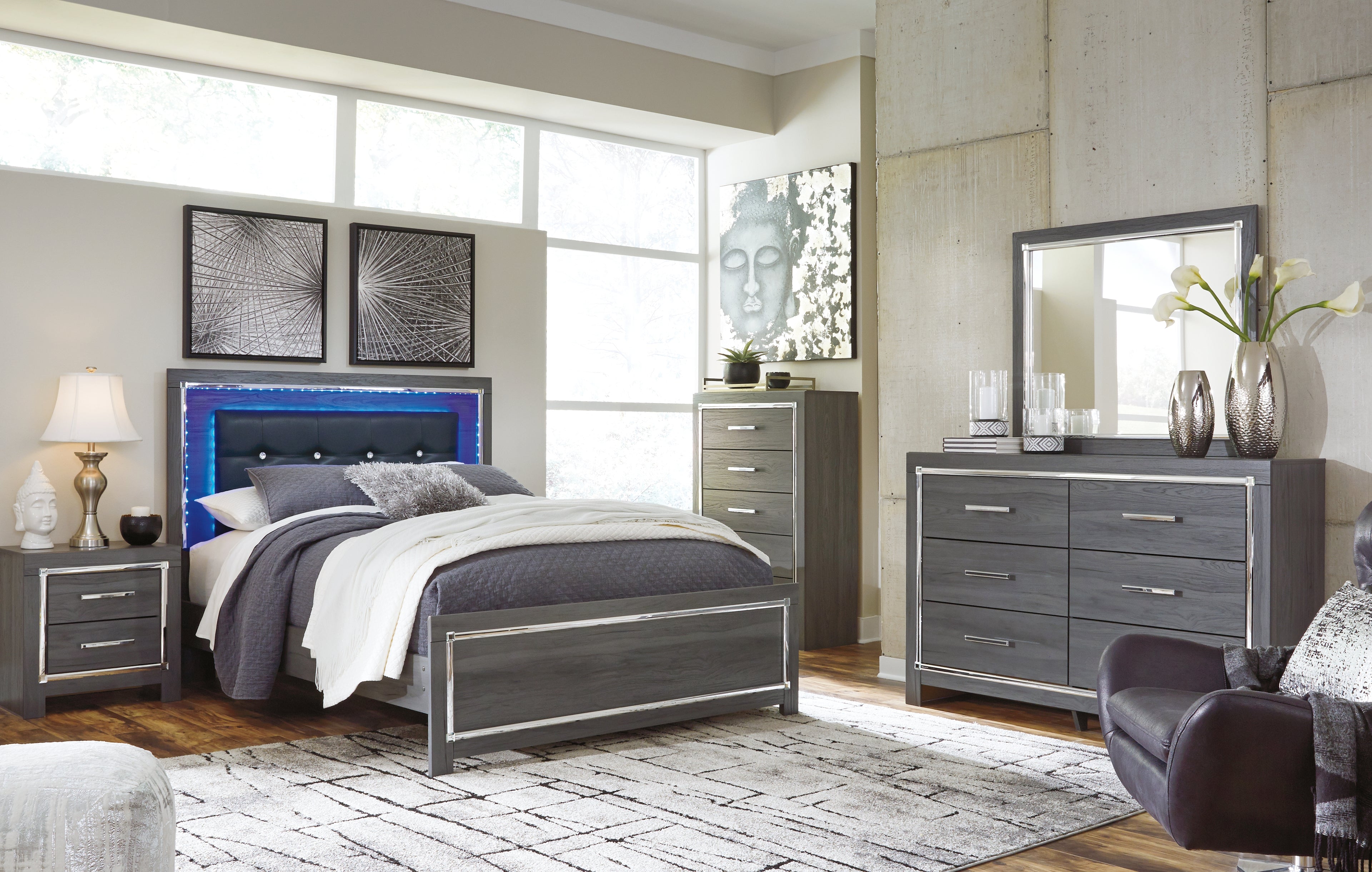 Lodanna Gray Queen Upholstered Panel Bed, Dresser, Mirror and 2 Nightstands - B214B36