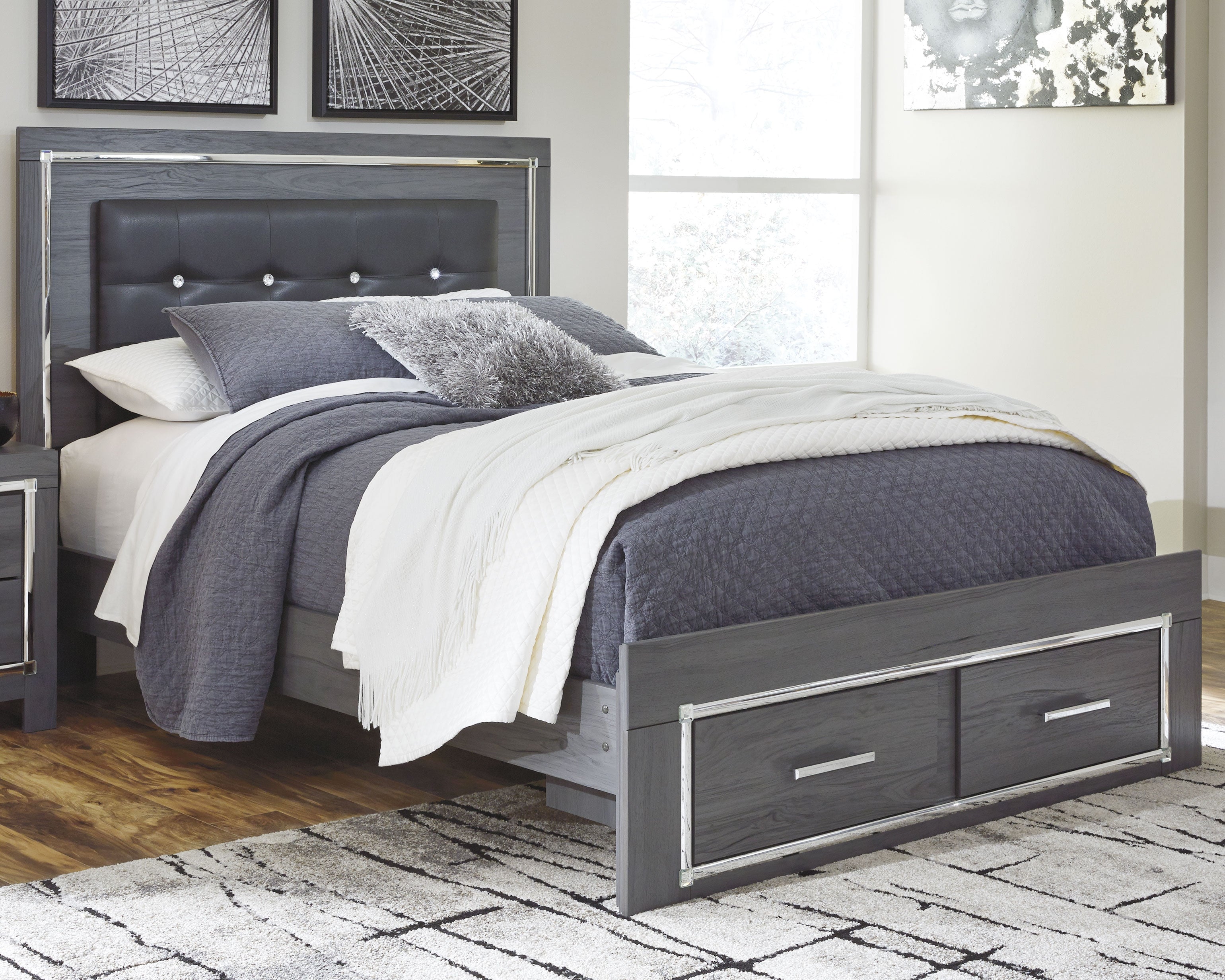 Lodanna Gray Queen Upholstered Panel Bed, Dresser, Mirror and 2 Nightstands - B214B36