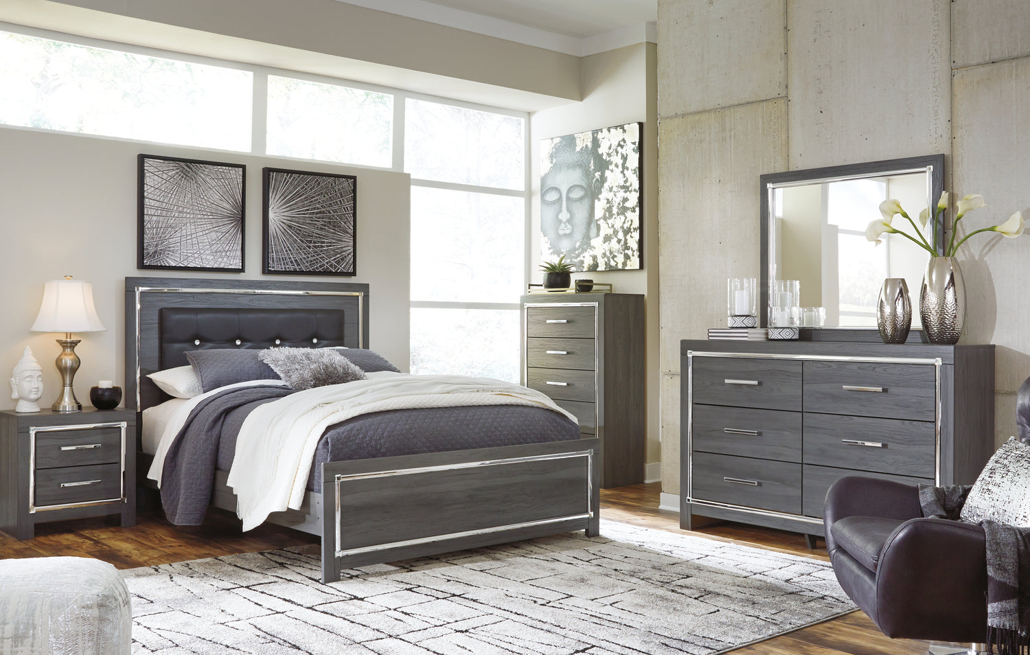 Lodanna Gray Queen Upholstered Panel Bed, Dresser, Mirror and 2 Nightstands - B214B36