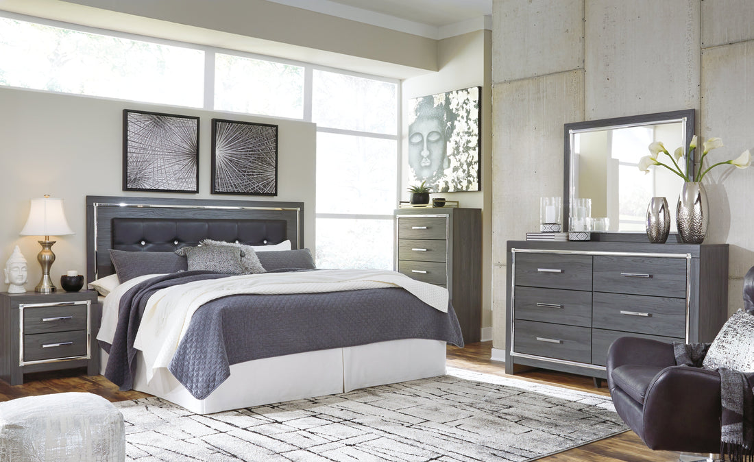 Lodanna King/California King Upholstered Panel Headboard Bed with Mirrored Dresser, Chest and 2 Nightstands in Gray from Ashley - Luna Furniture